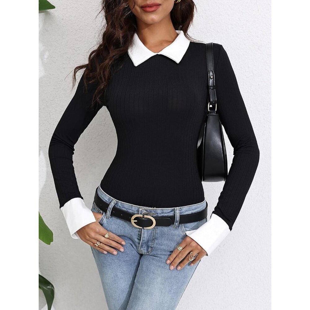 Women Colorblock Rib Knit Long Sleeve Bodysuit Slim Fit for Casual or Work - Picture 4 of 6